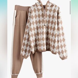 Favorite Girl knitted 2 piece khaki hooded sweater pocket harem pants w stripe